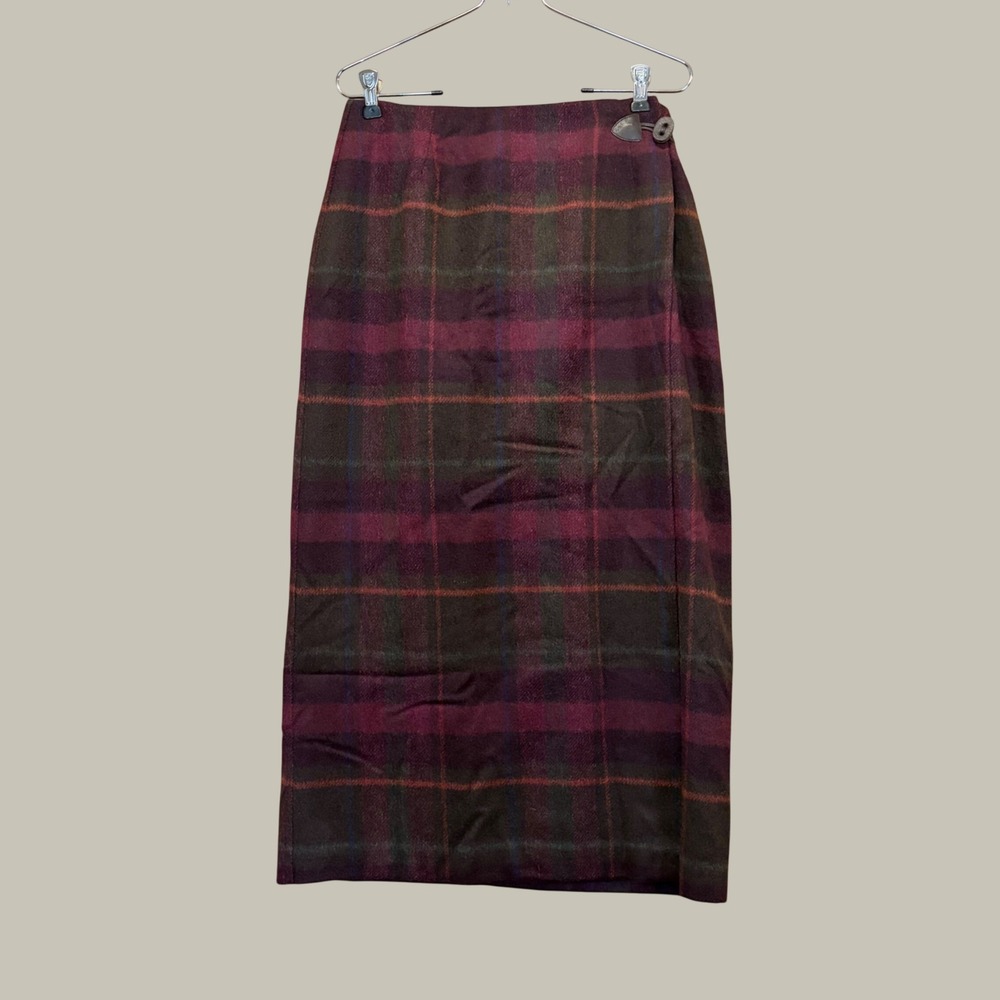 Talbots Wrap Skirt 8P Petite Plaid Wool Blend Dark Academia Quiet Luxury Preppy